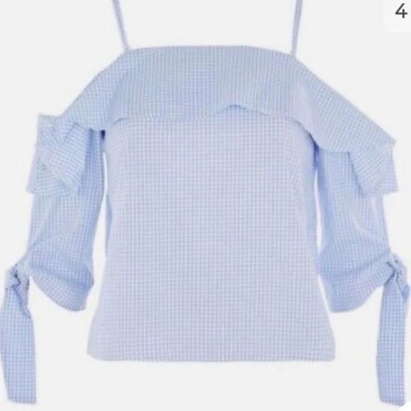 Topshop blue gingham plaid cold shoulder blouse top shirt size 6 - Picture 2 of 7
